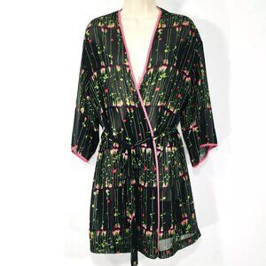 Josie Natori Vtg Kimono Robe Sz S Pink Roses On Black Sheer Self Tie